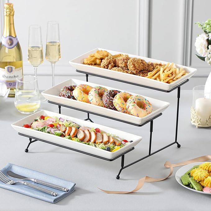 MALACASA 3 Tier Serving Tray, Porcelain Tiered Cupcake Stand, Ceramic Elevated Serving Platter with Collapsible Sturdier Rack,Series PLAT (White, 14 Inch)