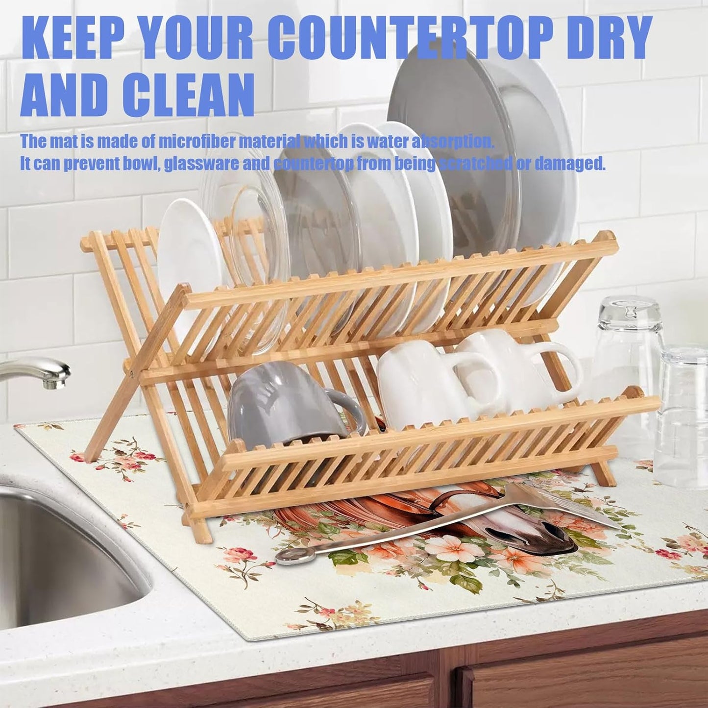 Horse Flower Dish Drying Mat for Kitchen Counter Drying Pad Absorbent Reversible Dish Drainer Rack Mats Draining Pad 18"x24"Inch