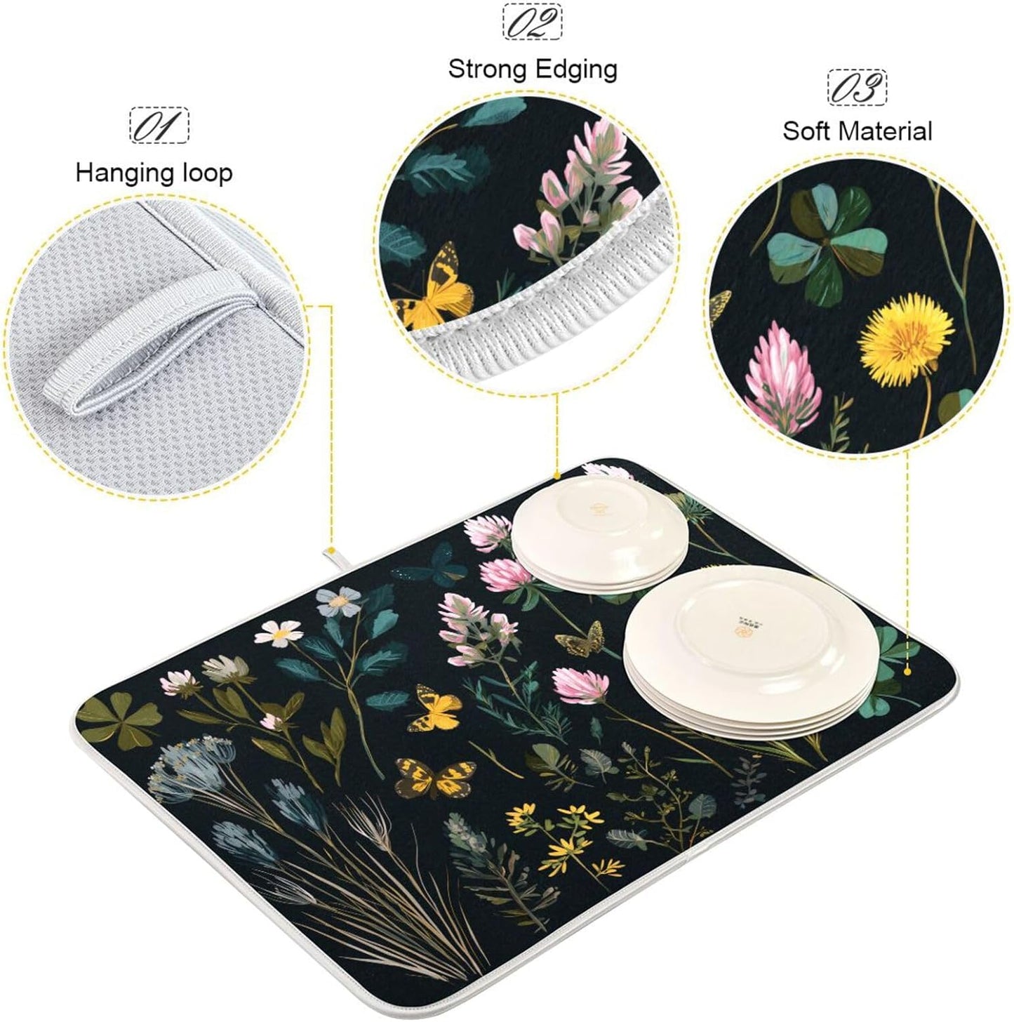 Wildflowers and Grasses Dish Drying Mat for Kitchen Counter Super Absorbent Dishes Pad Reversible Microfiber Protector Dish Draining Mats 18x24 inch