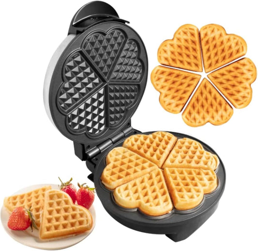 CucinaPro Heart Waffle Maker- Make 5 Heart Shaped Waffles, Special Loved Ones Holiday Breakfast- Nonstick Baker w Easy Cleanup, Electric Waffler Griddle Iron Adjustable Temperature Control- Xmas Gift