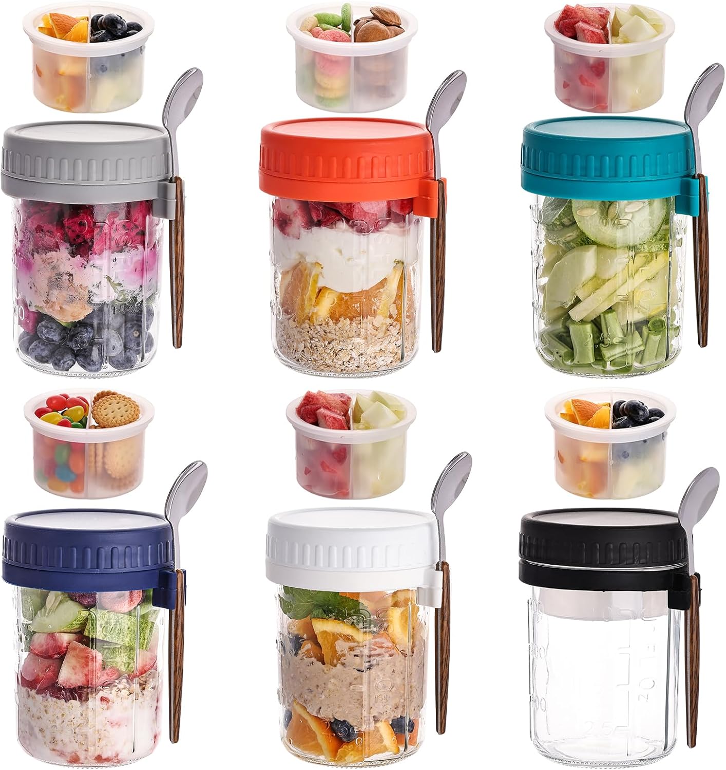 Liuruiyu 6 Pack 16 oz Overnight Oats Containers with Lids and Spoons, Wide Mouth Mason Jars with Removable Separate Compartments, Airtight and Leak-Proof Glass Jars for Chia Pudding, Yogurt, Parfait