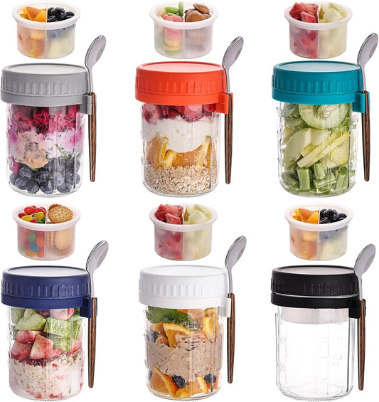 Liuruiyu 6 Pack 16 oz Overnight Oats Containers with Lids and Spoons, Wide Mouth Mason Jars with Removable Separate Compartments, Airtight and Leak-Proof Glass Jars for Chia Pudding, Yogurt, Parfait