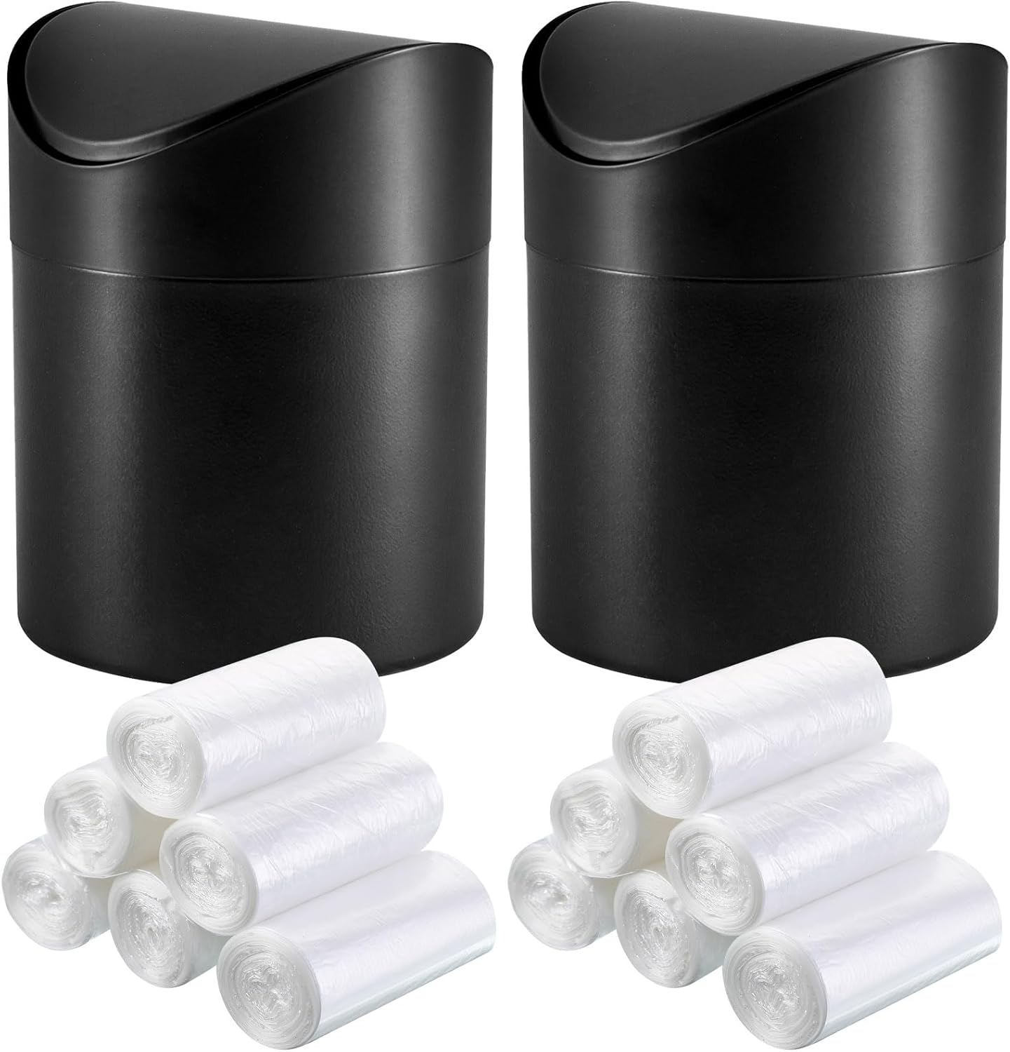 2 Pcs Desk Trash Can with Swing Lids, 12 Rolls of Trash Bags, 2L Brushed Stainless Steel Countertop Garbage Bin Small Wastebasket with Lid for Office Desk, Coffee Table (Black)