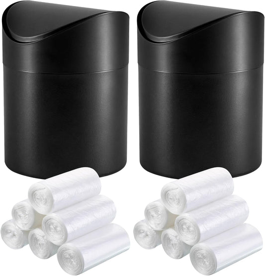 2 Pcs Desk Trash Can with Swing Lids, 12 Rolls of Trash Bags, 2L Brushed Stainless Steel Countertop Garbage Bin Small Wastebasket with Lid for Office Desk, Coffee Table (Black)