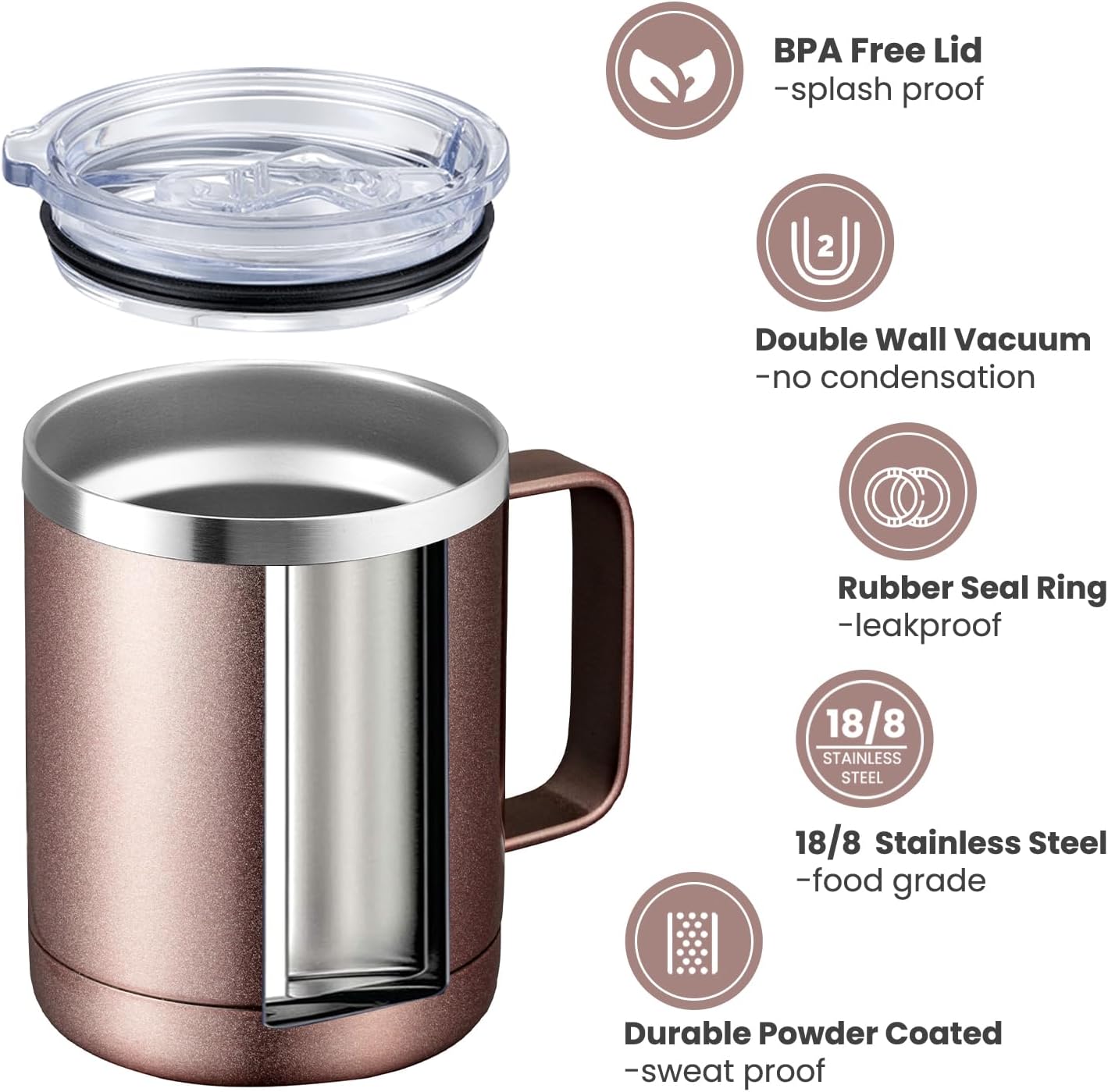MEWAY 12oz Coffee Mug With Handle 2 Pack Bulk,Stainless Steel Insulated Travel Tumblers With Sliding Lid,Double Wall Vacuum Camping Cup for Hot & Cold Drinks Tea (Rose Gold,Set of 2)
