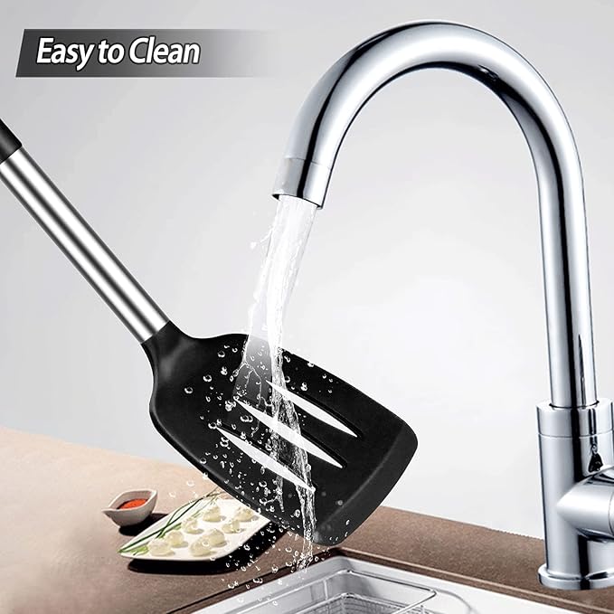 2 Pack Silicone Spatulas Turners, Stainless Steel Cooking Utensils BPA Free,Heat Resistant,Non Stick,Rubber Spatulas for Fish, Eggs, Pancakes, WOK, Black