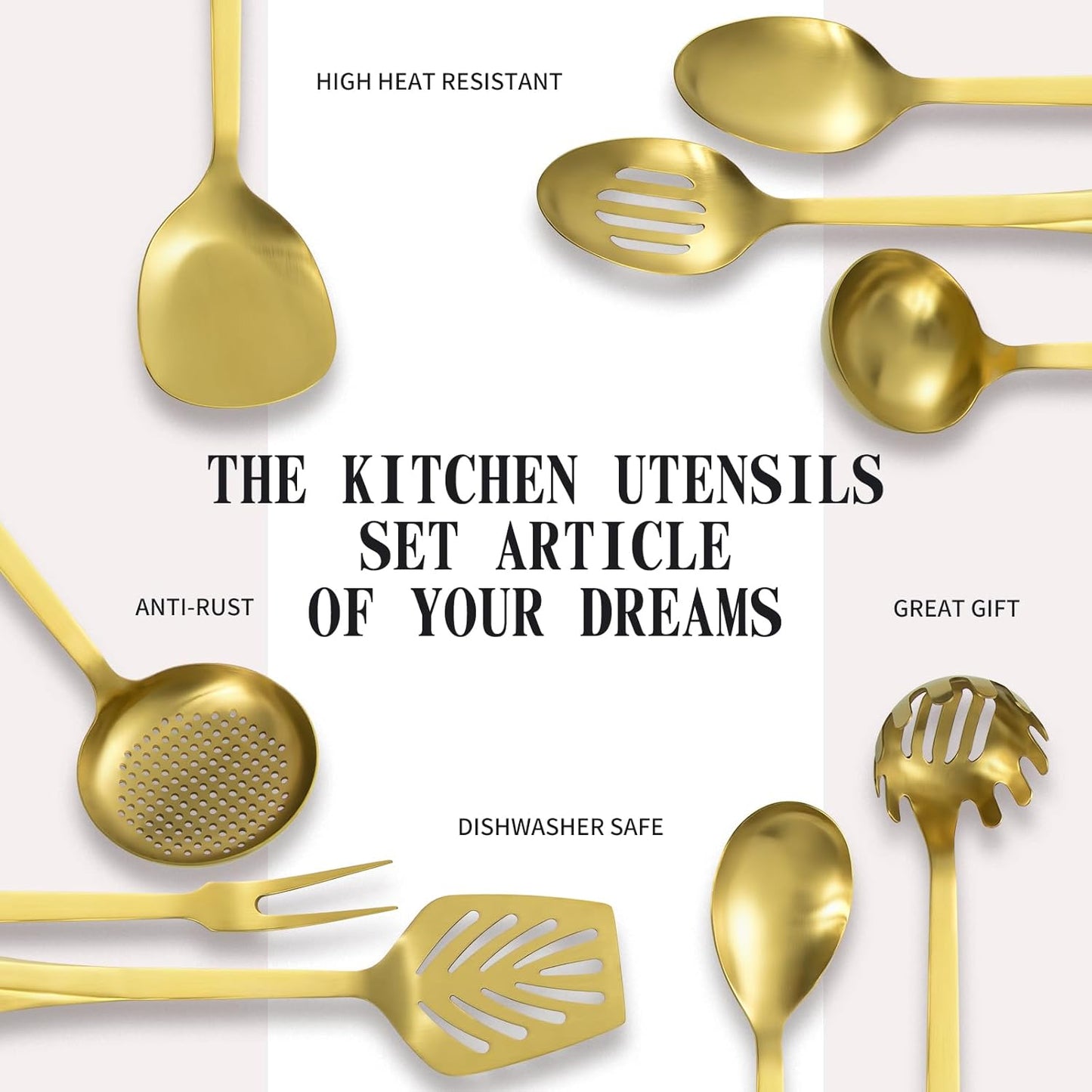 304 Stainless Steel Kitchen Utensil Set - 9pcs Cooking Utensils, Metal Kitchen Utensil Spatula Sets Cookware,High temperature resistance Kitchen Tool Set for Hanging Dishwasher Safe（Gold）