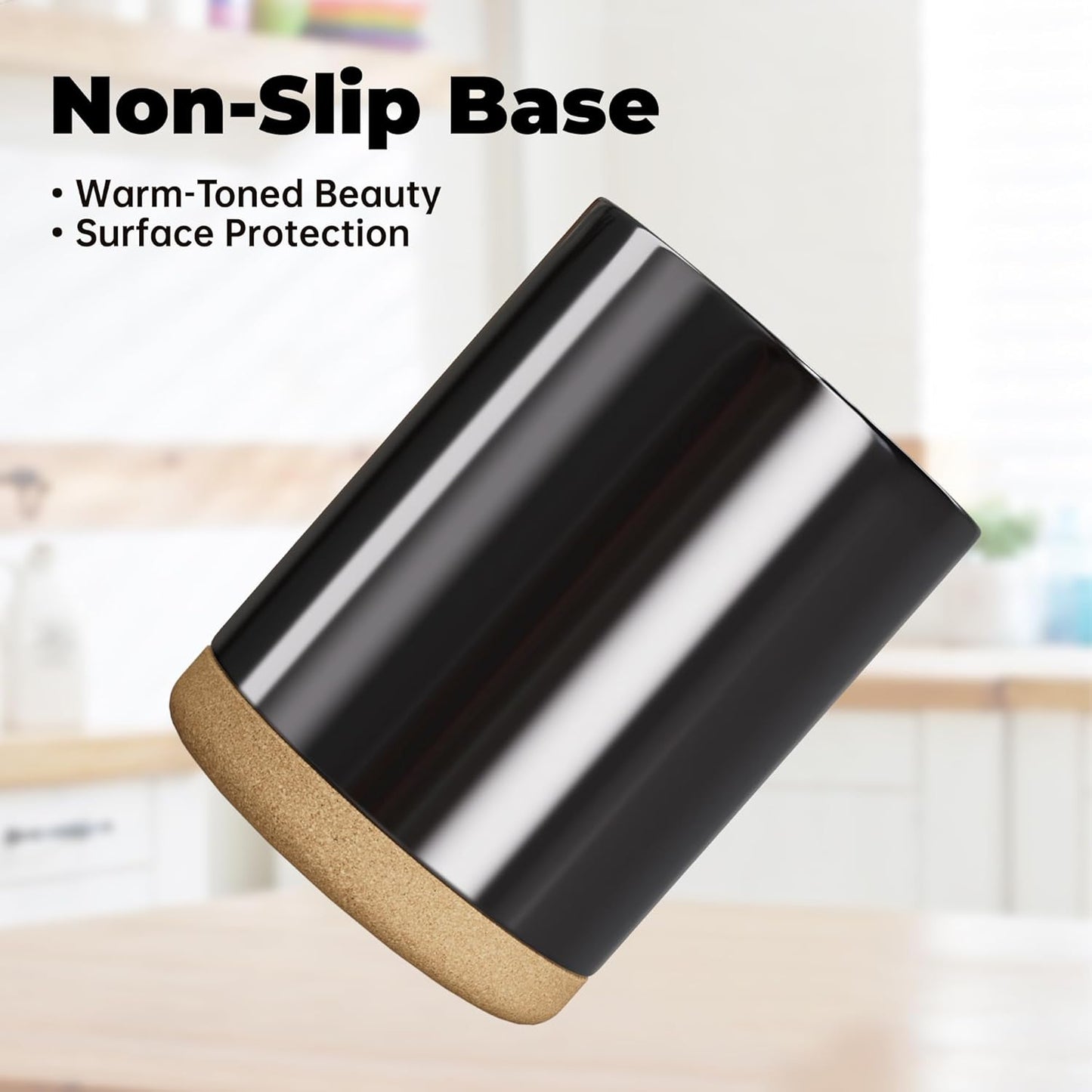 Ceramic Kitchen Utensil Holder for Countertop, Modern Crock with Non-Slip Cork Base, Counter Organizer for Cooking Tools 、Black