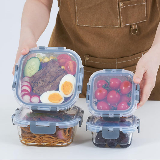 Glass Food Storage Containers with Lids Upgraded Airtight, 4 Pack Glass Storage Containers with Lids, Not Easy Broken & Leak Proof, Glass Containers with Lids for Oven/Dishwasher Safe, Grey