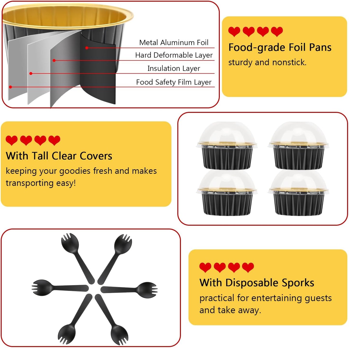 5oz Foil Ramekins with Lids 50 Pack,Free-Air Aluminum Foil Cupcake Liners Muffin Cups,Disposable Muffin Tins Jumbo Cupcake Baking Cups Muffin Pans for Custard Creme Brulee,with 50 Spoons-Black