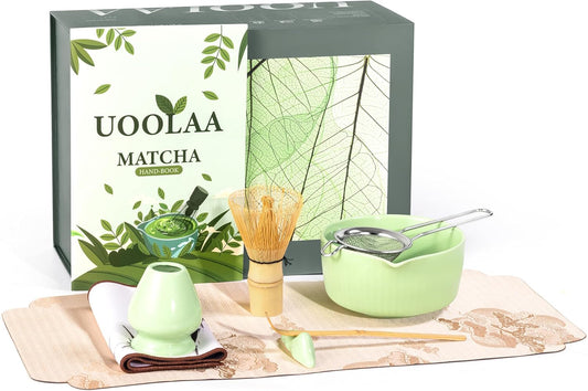 Traditional Matcha Tea Set, 8-Piece Ceremonial Kit with Ceramic Bowl, Bamboo Whisk, Holder, Scoop, Rest and Sifter-Green