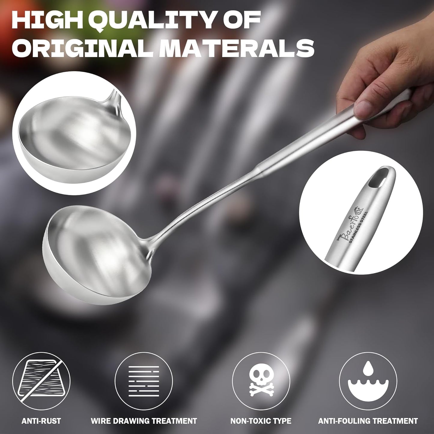 Solid Stainless Steel Soup Ladle, 13.7" Food-Grade 304 Rust-Free Table Ladle, Brashed-Polished & One-Piece Dishwasher-Safe, Ergonomic Long Handle for Home, Kitchen, Restaurant