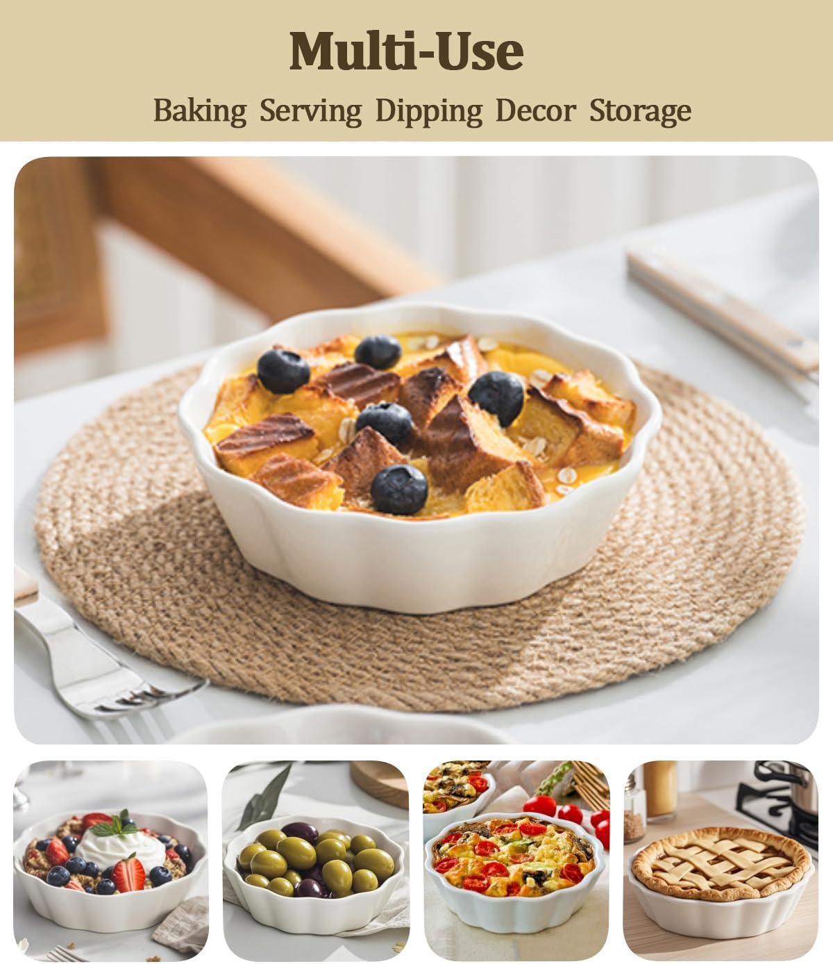 12 Oz Ramekins Oven Safe, Small Baking Dish, Individual Mini Pie Pans for Quiche, Casseroles, Dessert, Tart, Creme Brulee, lasagna, Ceramic Small Quiche Dishes, Set of 6