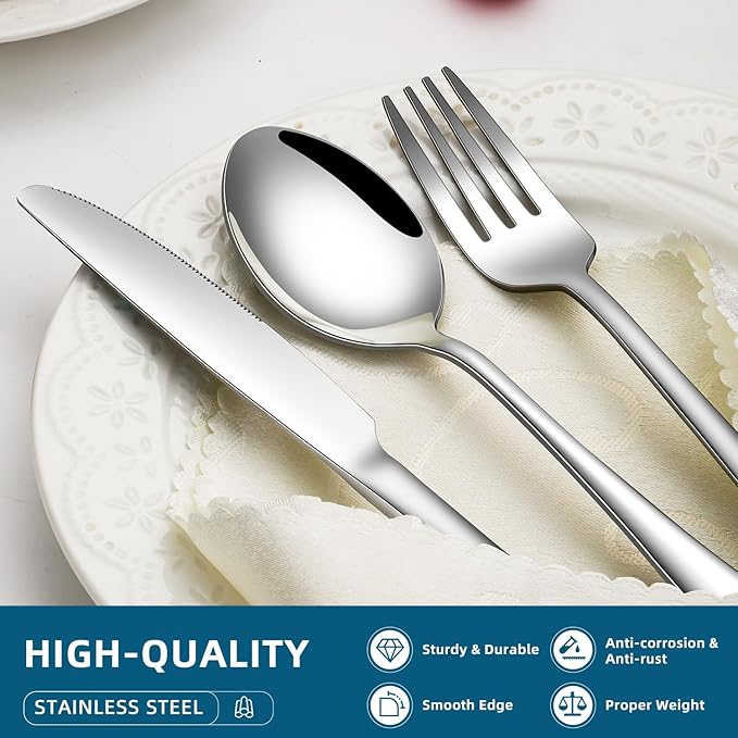 40 Piece Silverware Set for 8,Stainless Steel Cutlery Flatware Set,Mirror Polished Kitchen Utensils Set,Steak Knife Fork and Spoon Set for Home,Kitchen and Restaurant Use, Dishwasher Safe