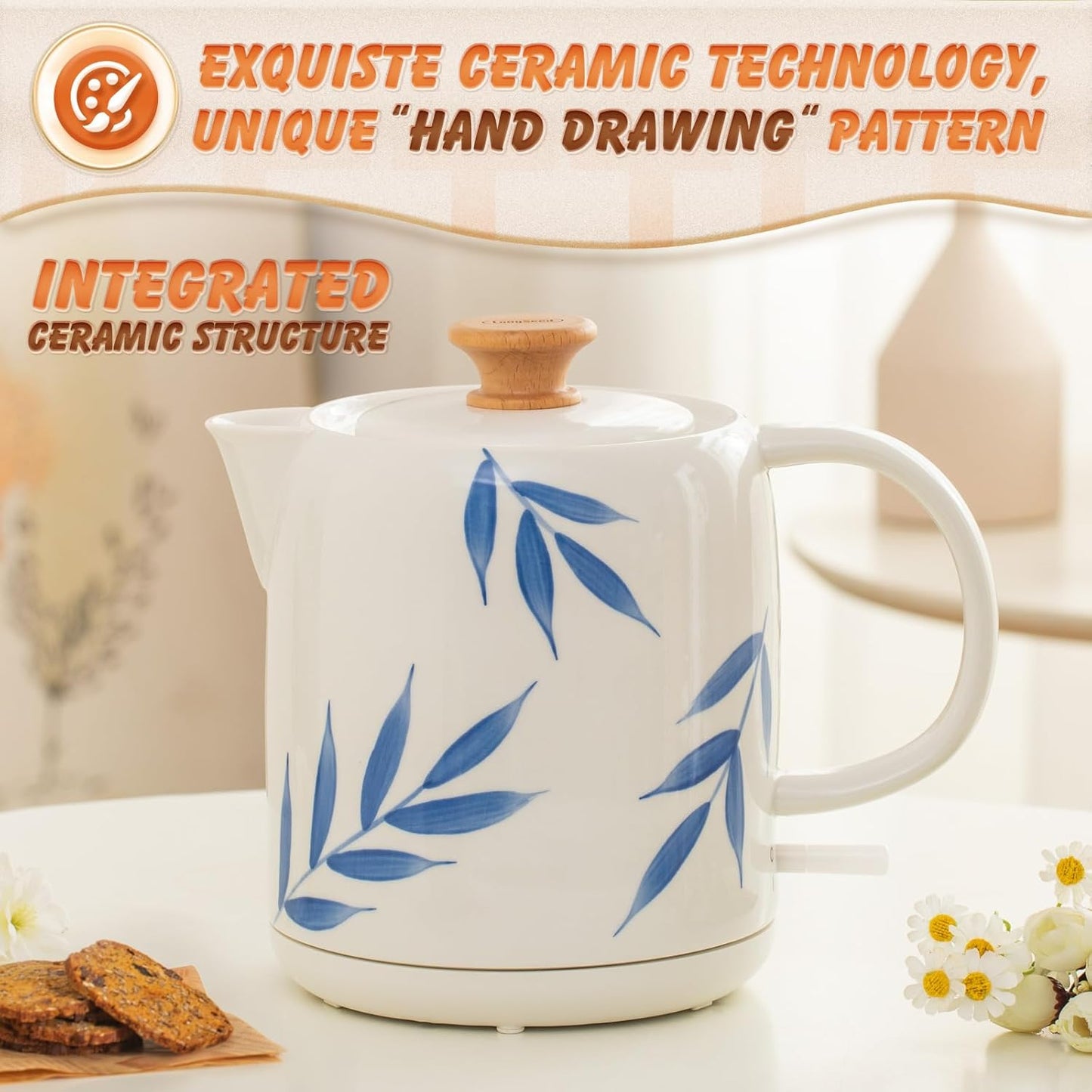 1.0-Liter Ceramic Electric Kettle, 1000W Rapid Boil, Tea Kettles Pot & Hot Water Boiler For Coffee & Tea, Teapot Auto Shut-Off, Boil-Dry Protection