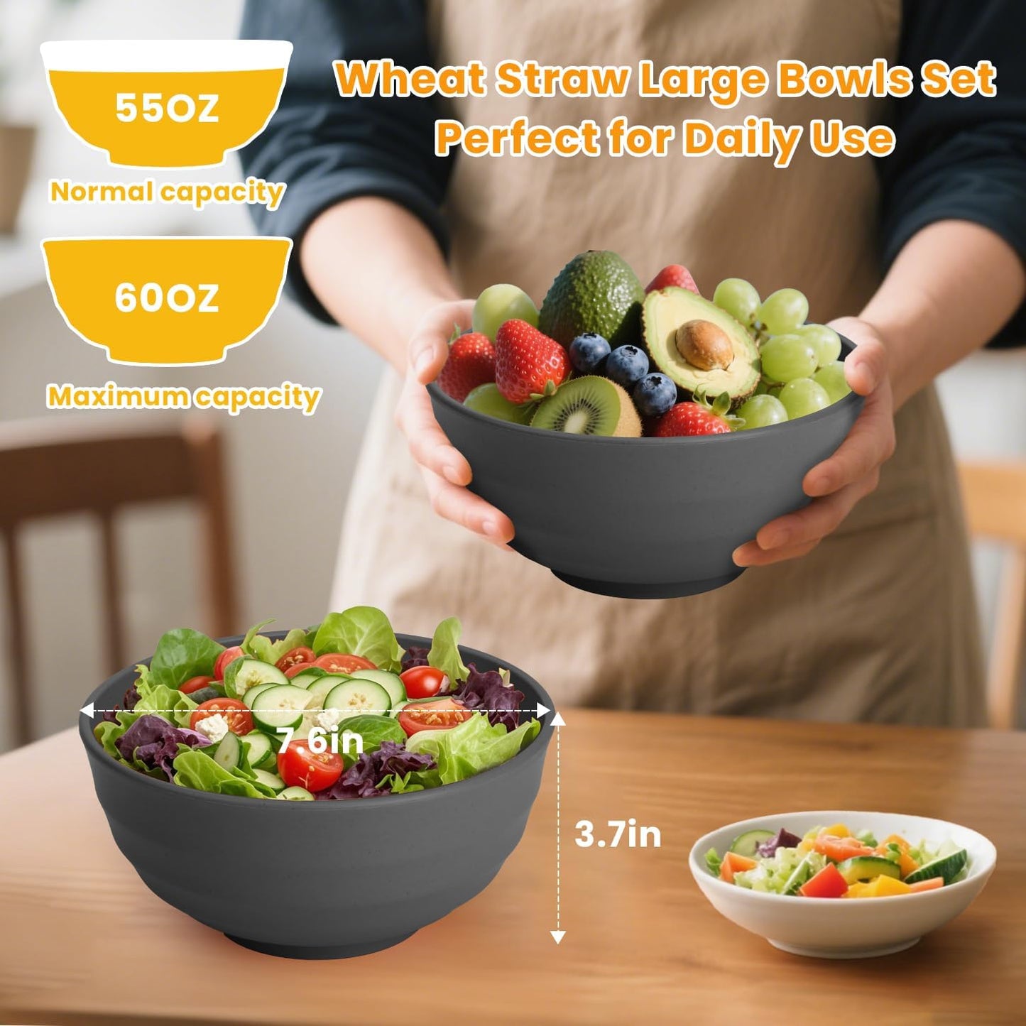 Homienly Wheat Straw Bowl Set, 60 OZ Unbreakable Lightweight Salad Bowls Set of 8, Bowls for Serving, Soup, Cereal, Dinner, Ramen, Microwave and Dishwasher Big Bowl for Kitchen, Camping(Grey, 60 OZ)