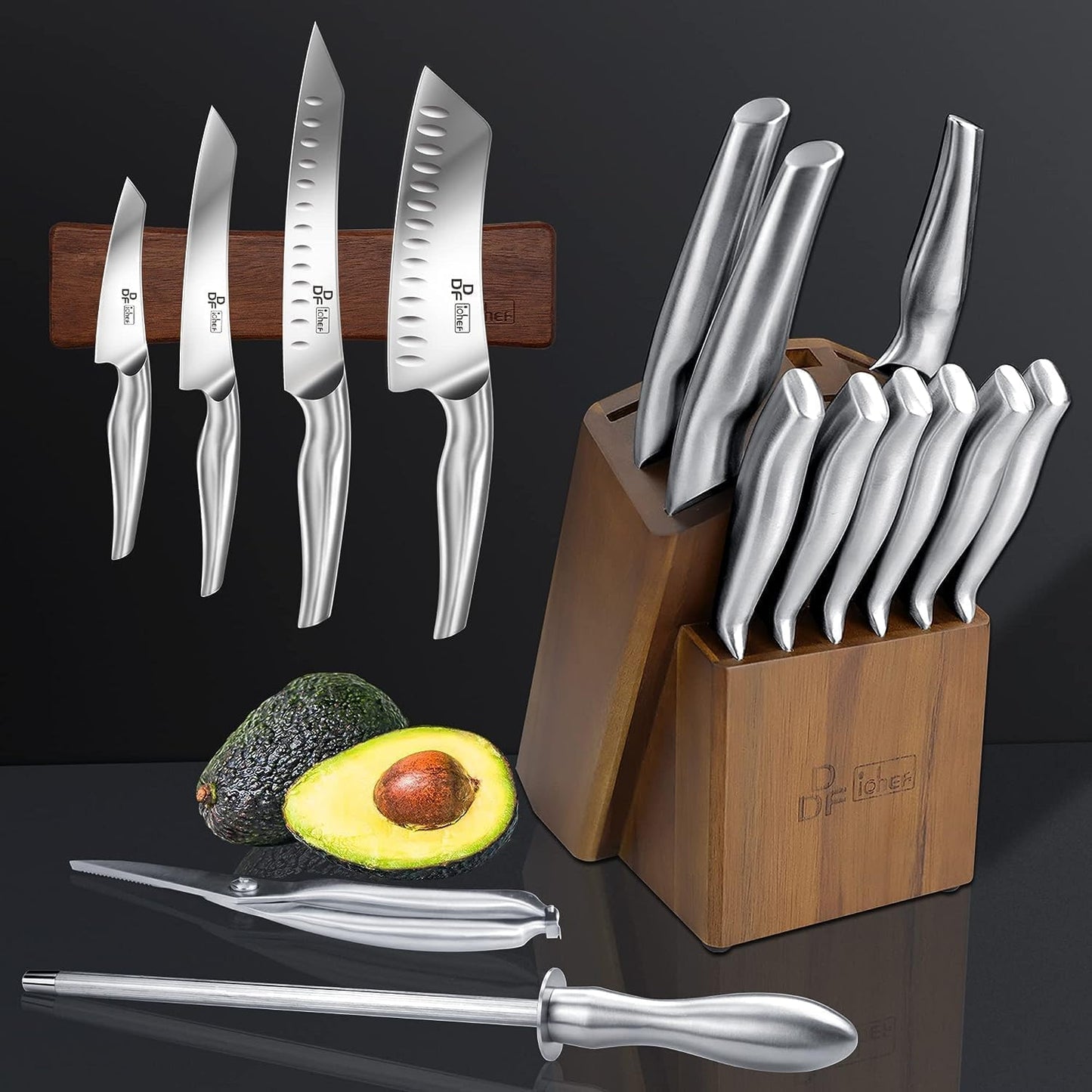 Kitchen Knife Set with Block, DDF iohEF 16 PCS Knife Sets for Kitchen with Block Japanese Stainless Steel, Ultra Sharp Chef Knife Set with Sharpener