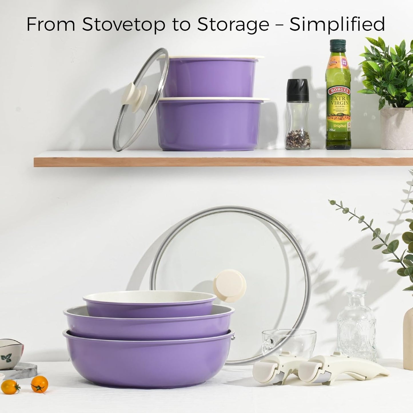 15Pcs Pots and Pans Set Non Stick, Cookware Sets with Detachable Handle, Nonstick RV Kitchen Cooking Tools Removable Handles, Oven Safe, Induction Fast, Stackable Induction Cookware, Purple