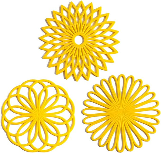 Set of 3 Silicone Trivet Mat - Hot Pot Holder Hot Pads for Table & Countertop - Trivet for Hot Dishes - Non-Slip & Heat Resistant Modern Kitchen Hot Pads for Pots & Pans, Yellow