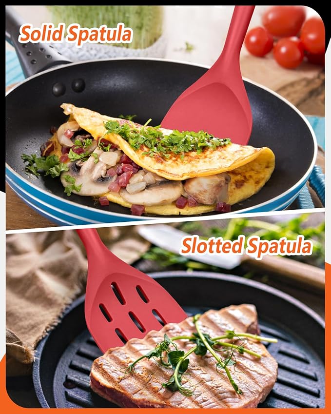 Pack of 2 Silicone Spatula, Non Stick Cooking Utensil Set Wooden Handle Kitchen Turner for Baking Mixing Grilling Serving Food Heat Resistant Non Scratch Hooks Included (Red)