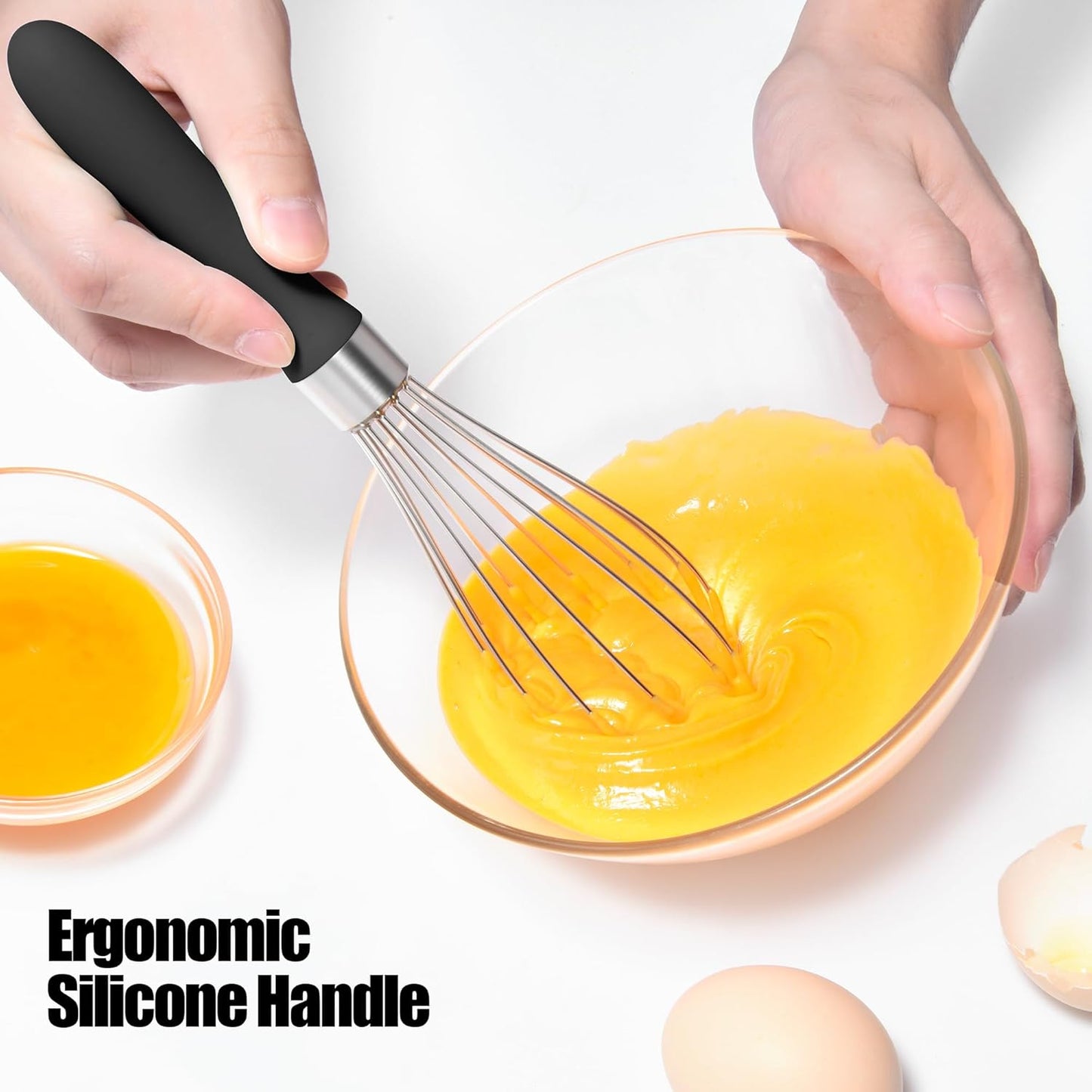 18/8 Stainless Steel Balloon Whisk, Doosu Kitchen Whisk for Cooking Handheld Egg Beater with Rust-Proof Sturdy Wires & Non-Slip Silicone Handle for Beating, Stirring, Blending (6 Wires, Black)