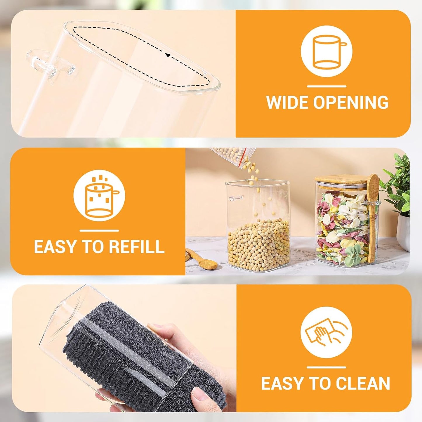 Glass Jars with Bamboo Lids and Spoons - 2 Pack 37 Fl.oz Square Glass Flour Sugar Containers Set, Includes Labels and Marker, Large Kitchen Canisters with Airtight Lid for Cereal, Rice, Bean