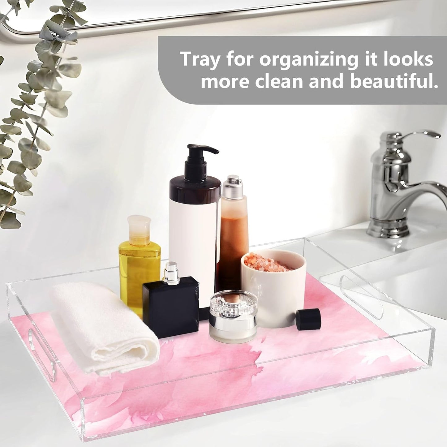 Plastic Food Serving Tray Decorative Vanity Trays for Bathroom Pink Marble Coffee Table Kitchen Counter 11.8 * 15.7in