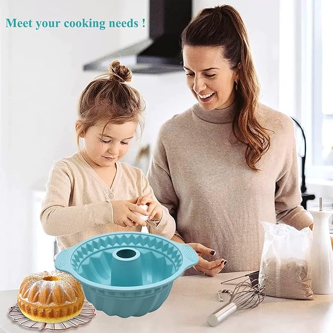 Kenond 2 PCS 9.5 Inch Silicone Cake Pans, Non-stick Fluted Cake Pan with Sturdy Handle, Cake Baking Molds, Perfect Bakeware for Cake, Jello, Gelatin, Bread, Para Gelatinas (Blue)
