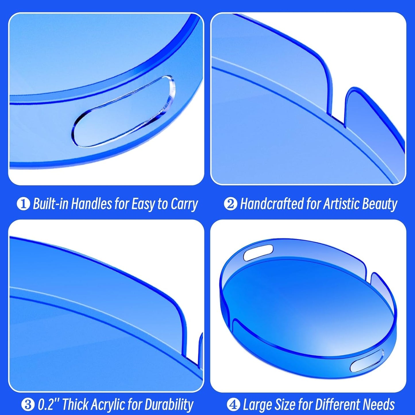 Acrylic Serving Tray with Handles Large Decorative Ottoman Tray 17x13'' Round for Bathroom Food Coffee Fruit Snack Tea Dinner Living Room, Blue