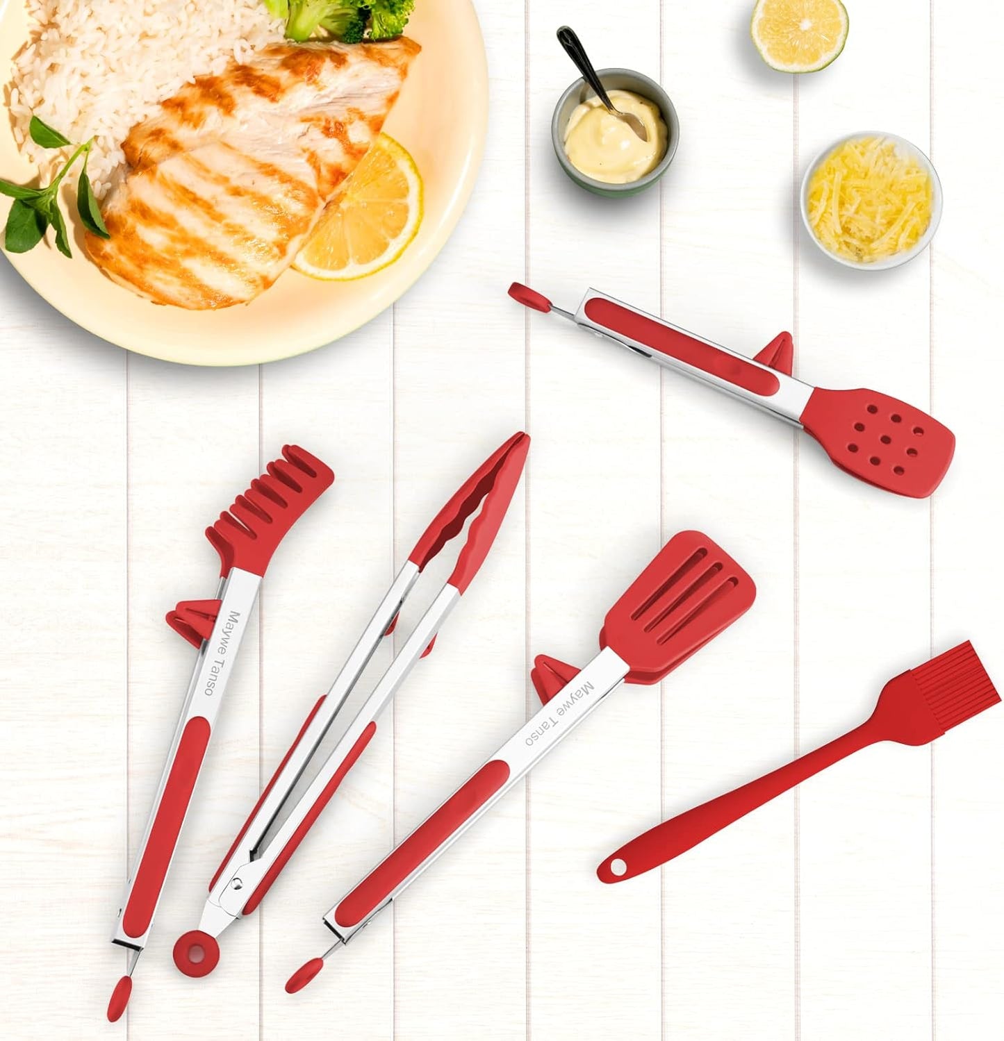 5-Pack Silicone Tongs for Cooking,Maywe Tanso 4PCS 13-Inch Kitchen Tongs with Silicone Tips,Nonstick Stainless Steel Tong for Steak Pie Pizza Pasta Spaghetti Salad BBQ Buffet,Plus Brush
