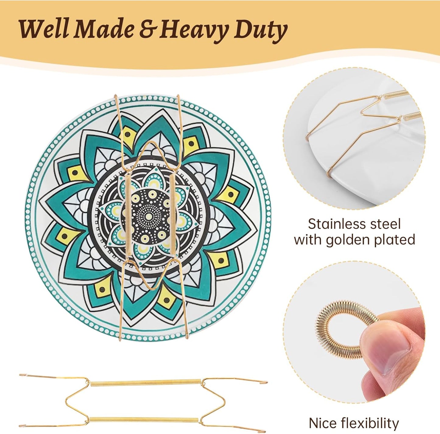 4 Pieces Plate Hangers for The Wall Suitable for 16-20 Inch Decorative Plate adjustable and stretchable,with Metal Hooks for Wall Displaying Plates Decorative & Arts(Gold)