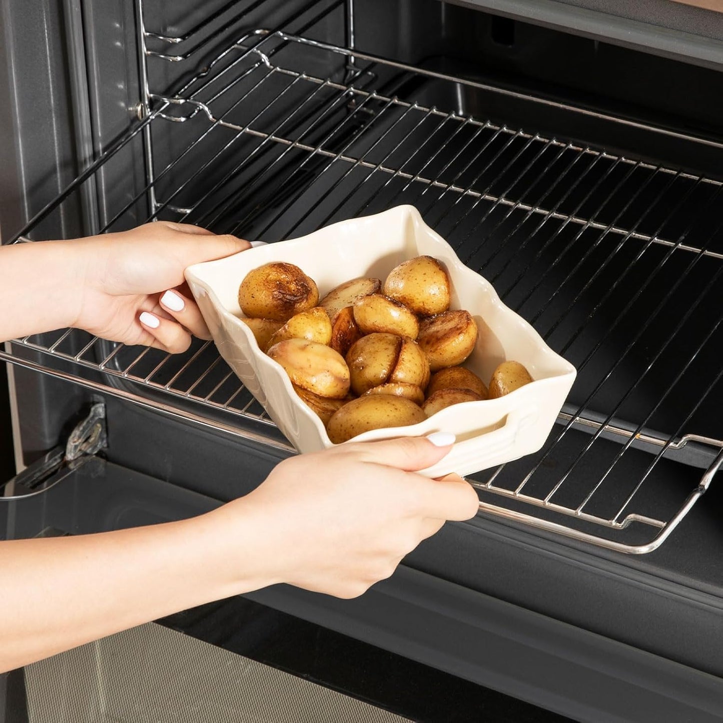 Sweejar Casserole Dishes for Oven, Ceramic Bakeware Set of 3, Rectangular Baking dish with Handles, Wave Edge Lasagna Pan Deep for Cooking, Cake, Dinner, Banquet and Daily Use (Beige)