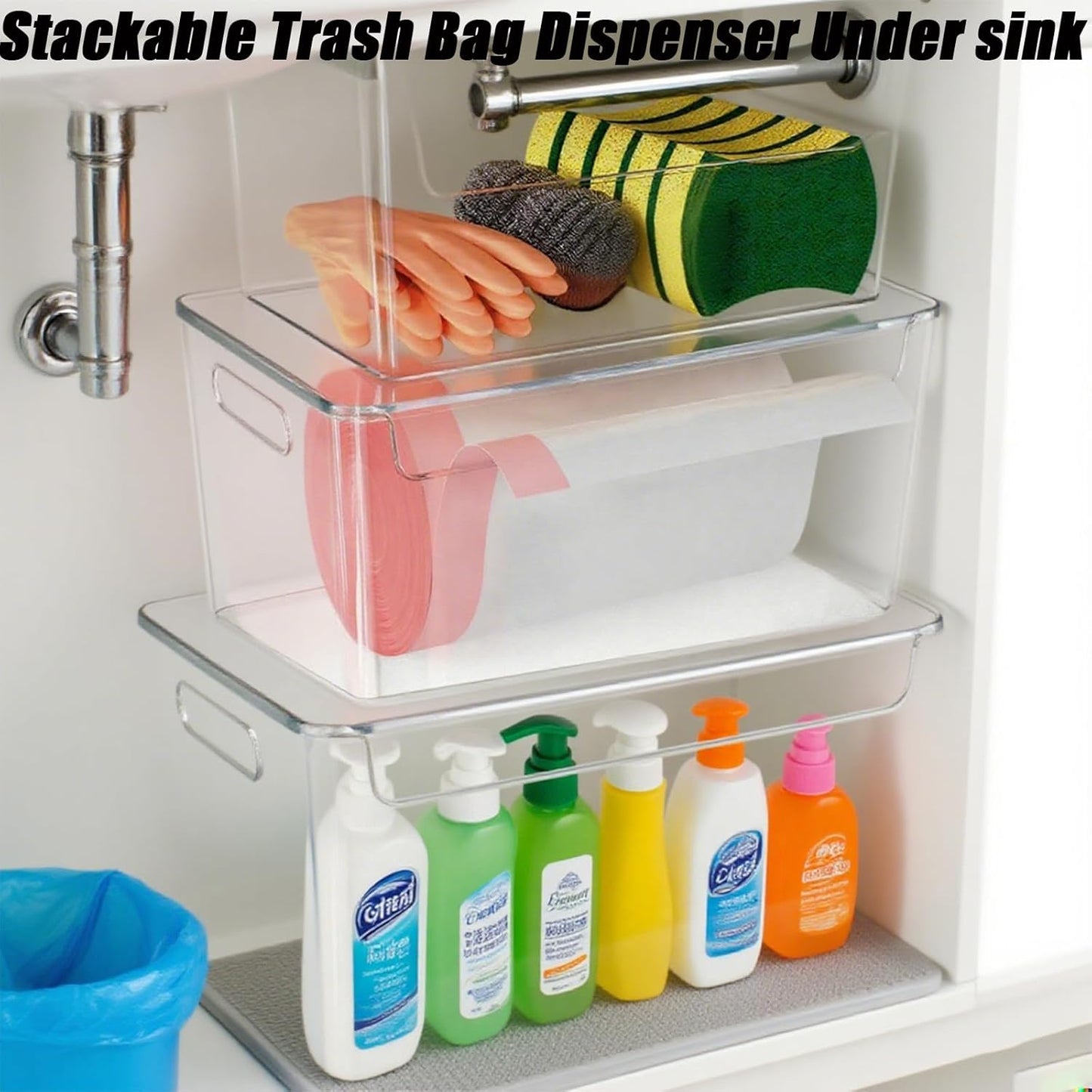 3 Pack Trash Bag Organizer Under Sink, Stackable Plastic Garbage Bags Holder with Lid, Trash Bag Dispenser Roll Storage for Kitchen, Pantry & Laundry Room Organization