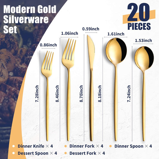 20 Piece Gold Silverware Set,Stainless Steel Flatware Cutlery Set Service for 4 Including Forks Spoons Knives,Kitchen Utensil Set,Tableware for Home and Restaurant, Dishwasher Safe