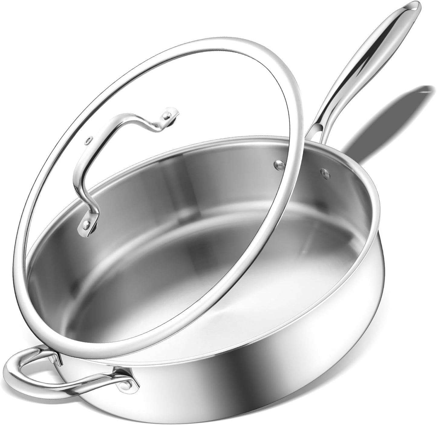 E-far 12 Inch Deep Frying Pan with Lid, 6 Quart Tri-Ply Stainless Steel Saute Pan, Kitchen Skillet, Healthy Non-toxic Cooking Pan for Induction Ceramic Gas Stoves, Heavy Duty, Oven & Dishwasher Safe