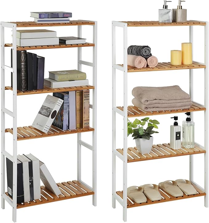 SONGMICS Bamboo Storage Shelf, 5-Tier Shelving Unit, Multifunctional, in The Entryway, Bathroom, Living Room, Balcony, Kitchen, 10.2 x 23.6 x 51.2 Inches, Cloud White and Light Bamboo UBCB35WN