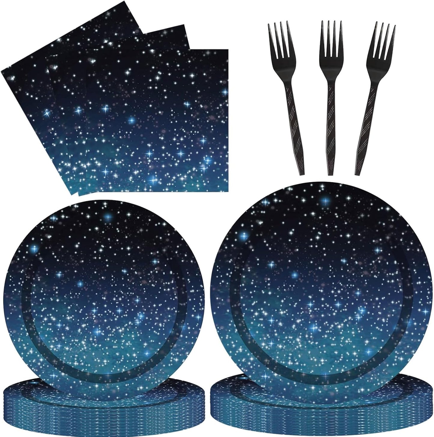 DTDO 96 Pcs Galaxy Party Plates and Napkins Set Include Star Night Paper Plate Napkins Black Forks, Disposable Outer Space Themed Birthday Dinnerware for Solar System Birthday Decorations, Serves 24