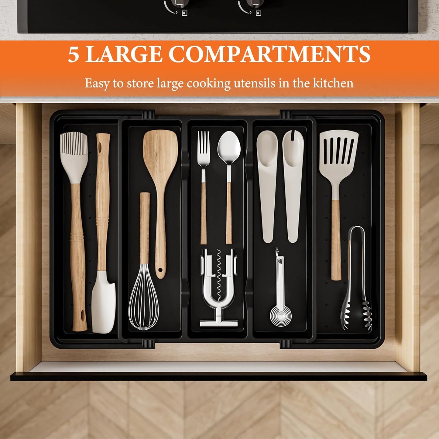 Large Silverware Organizer, Expandable Utensil Drawer Organizer for Kitchen Drawers, Kitchen Drawer Organizer for Spoons/Forks/Knives, Multipurpose & BPA Free Cutlery Tray, Black, 1 Pack