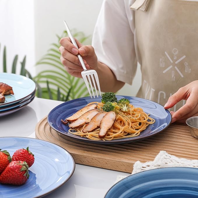 Selamica Ceramic Dinnerware Sets for 6, 18 Pieces Plates and Bowls Set, Scratch Resistant Dishes Set, Handpainted Swirl with Spot Dishwasher & Microwave Safe, Gradient Blue