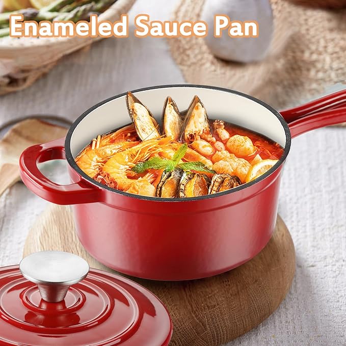 Enameled Cast Iron Sauce Pan, 1 Quart Enameled Saucepan with Lid, Mini Dutch Oven Enamel Saucepan for Cooking Pasta Sauce, Gravy, Puddings, Marinate, Boiling (Gradient Red)