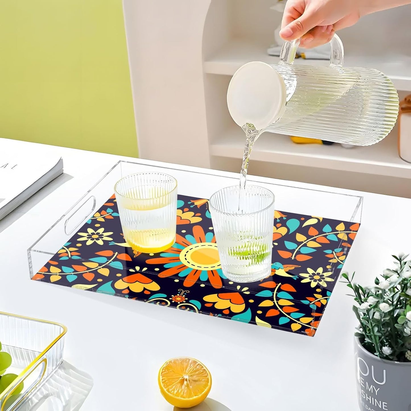 Acrylic Serving Tray with Handles Spill Proof Kitchen Storage Tray Clear Decorative Tray Makeup Drawer Organizer Storage Tray for Bathroom Living Room Ottoman 15.7x11.8Inches