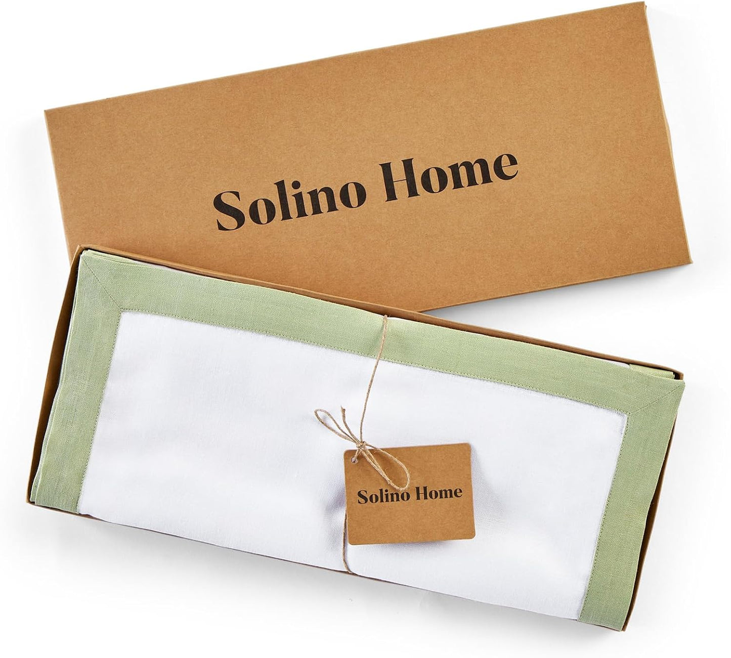 Solino Home Linen Table Runner 36 Inches - 100% Pure Linen Sage Green and White Short Table Runner 14 x 36 Inch Ideal for Dresser and Coffee Tables - Fall, Autumn, Thanksgiving - Classic