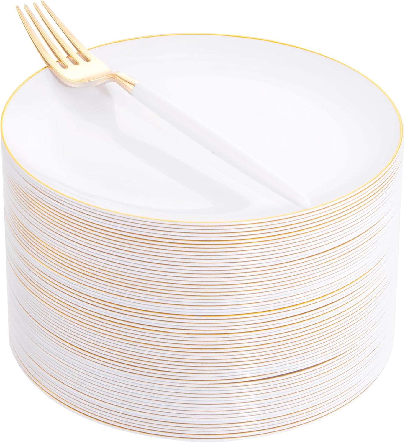 I00000 72PCS White Plastic Dessert Plates 7.5" with 72PCS Disposable Forks 8.5", Disposable White Dessert Plate, Fancy Salad Plates with Gold Rims Perfect for Wedding