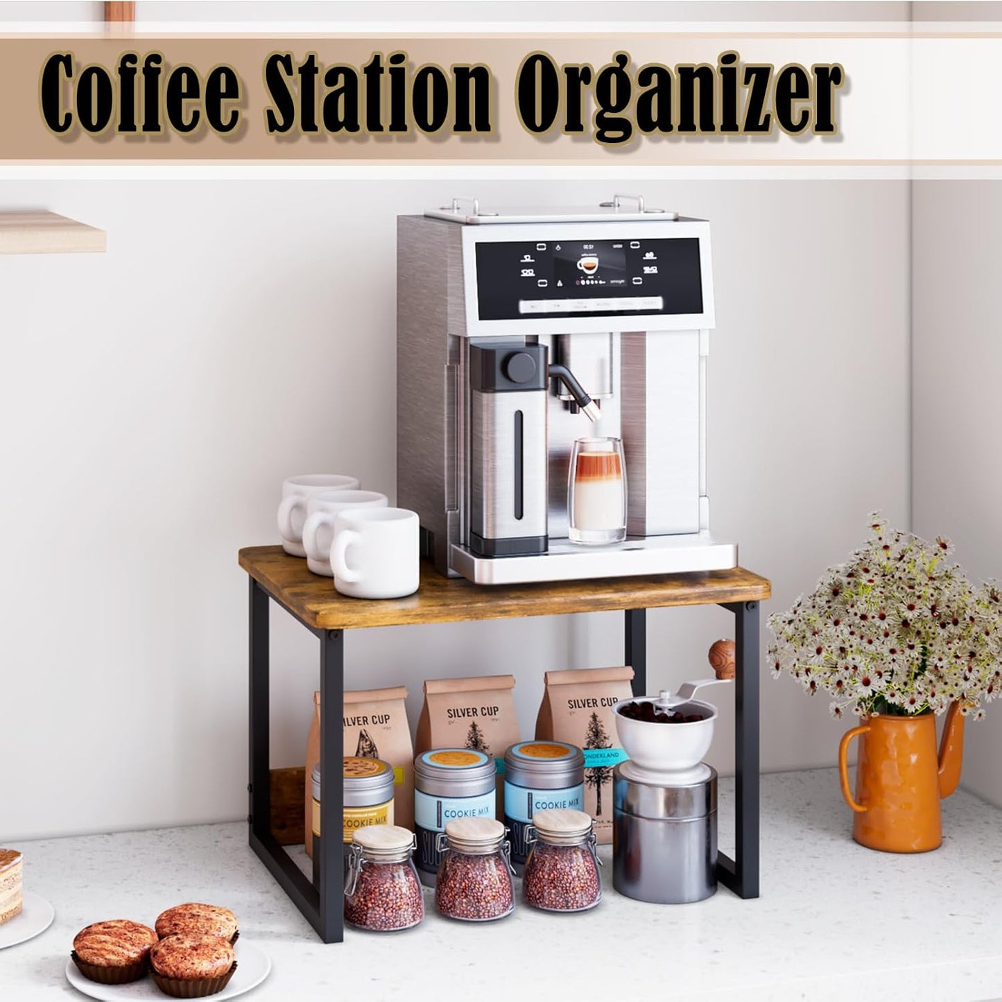 MARTY Kitchen Countertop Organizer Cabinet Shelf, 17x12.4 Large Spice Racks Counter Shelf Microwave Oven Rack Desktop Storage Organization for Kitchen, Office, Metal & Wood, Rustic Brown