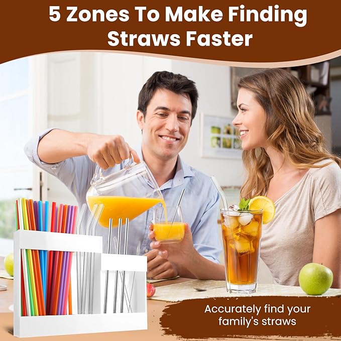 Acrylic Straw Dispenser Organizer - Reusable Metal Straw Holder for Countertop & Cabinet Storage - Ideal for Tumbler Cups, Keep Straws Neat & Accessible, Compatible with Long & Short Straws (White)