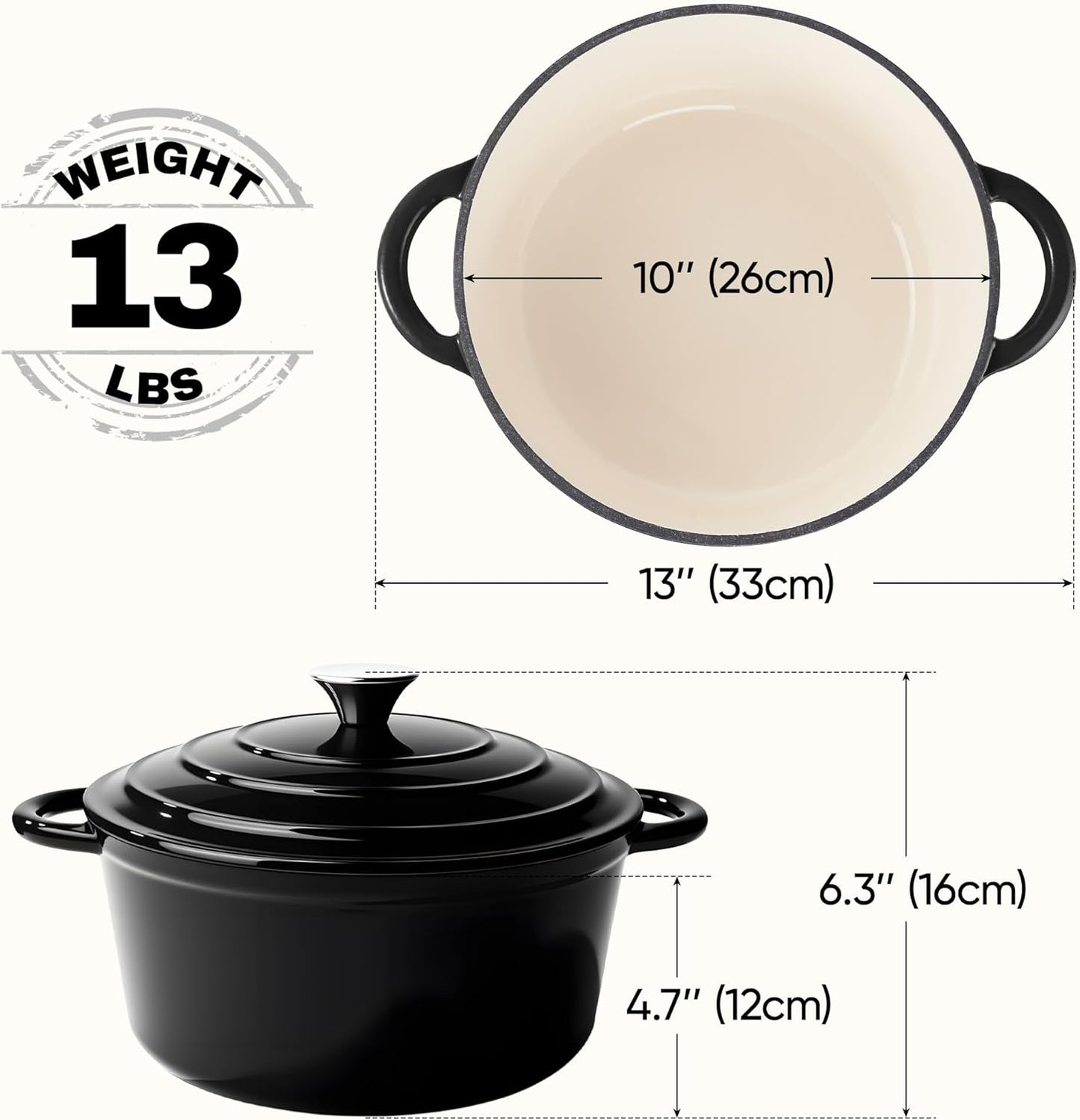 6 Quart Dutch Oven Pot with Lid, Non Stick Enameled Cast Iron Dutch Oven for Bread Baking, Heavy-Duty, Oven Safe Ceramic Cookware Up to 500°F for Baking, Braising, Stews, Roasting, Black