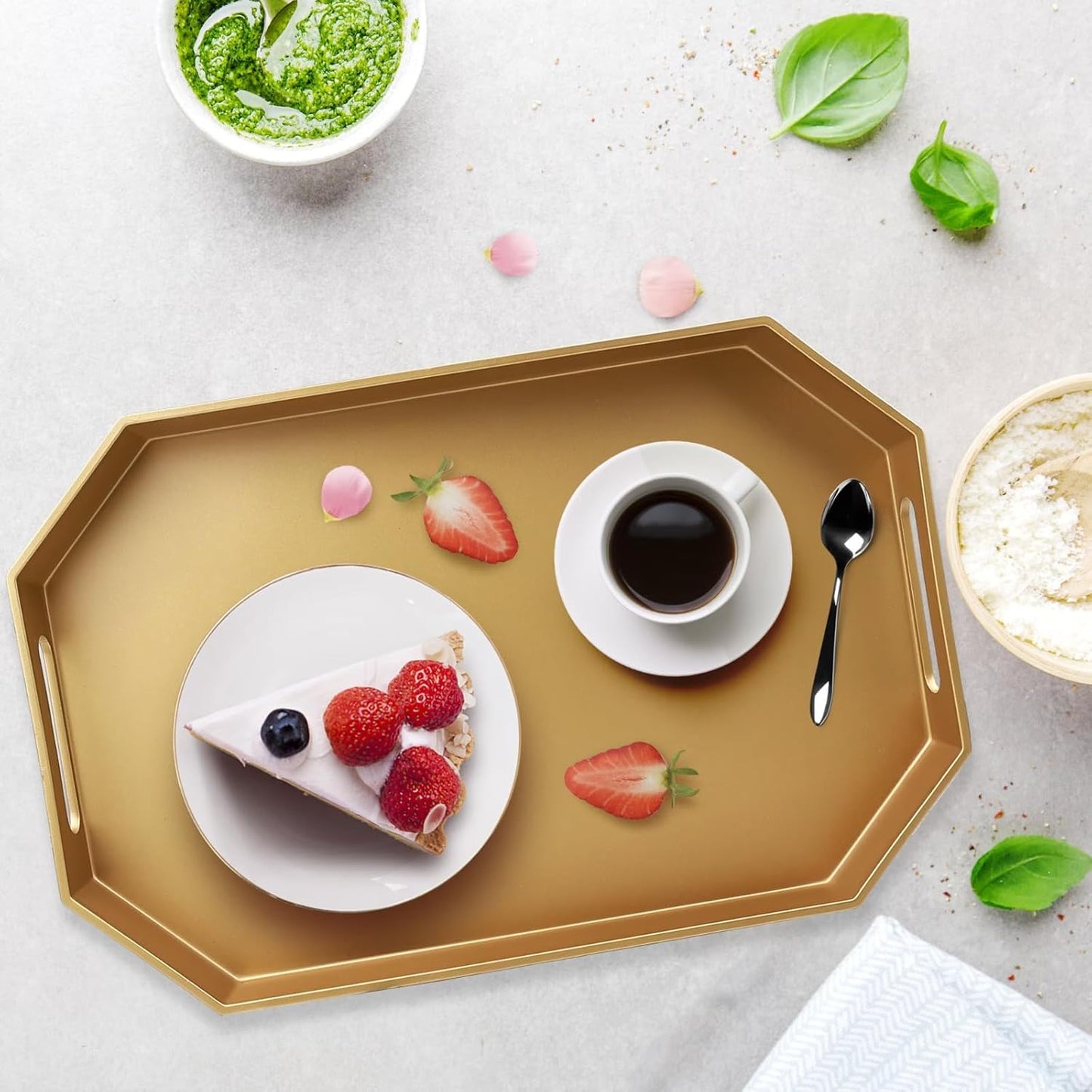 Gold Octagonal Serving Tray with Handles for Coffee Table, Plastic Decorative Tray for Ottoman, Kitchen Counter, Living Room, Outdoor Lacquer Tray for Entertaining