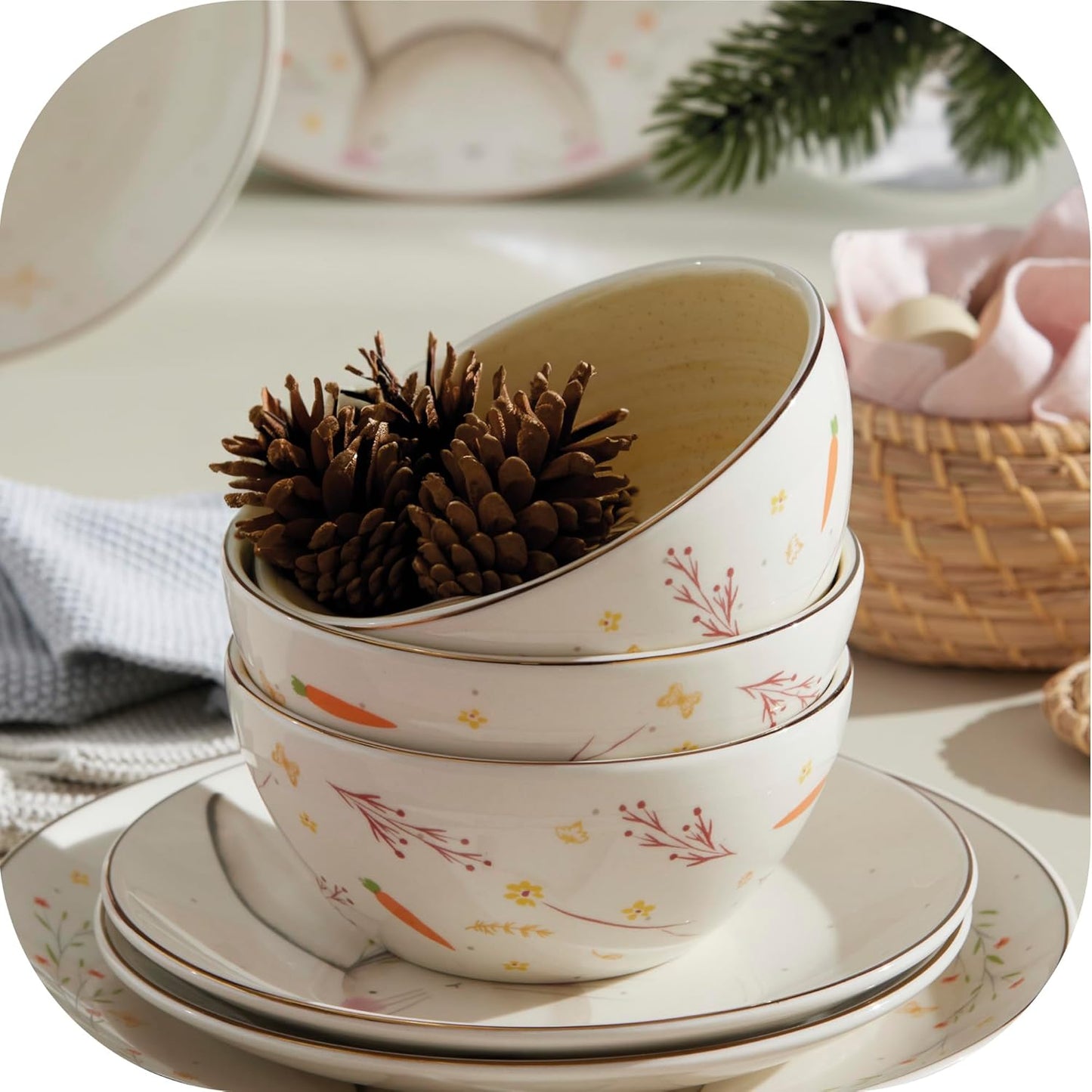 Corona 12-piece thematic and modern Ceramic Dinnerware Sets | Plates and Bowls | Service For 4 | Blossom Bunny chritmas