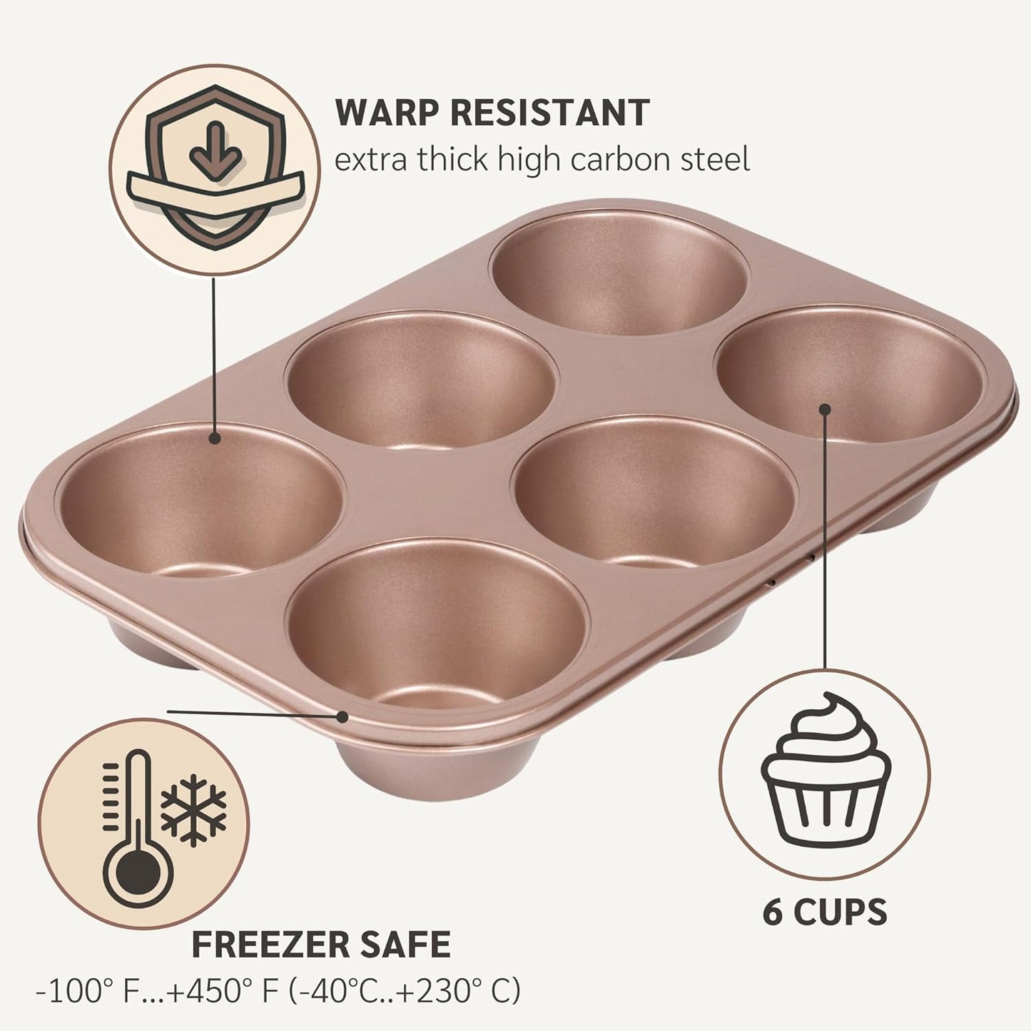 HAPPIELS Non Toxic Nonstick 6 Cup Jumbo Muffin Pan | Large Cupcake Tin for Oven | Nontoxic Muffin Tins Big Size | PFOA Free Cupcakes Tray