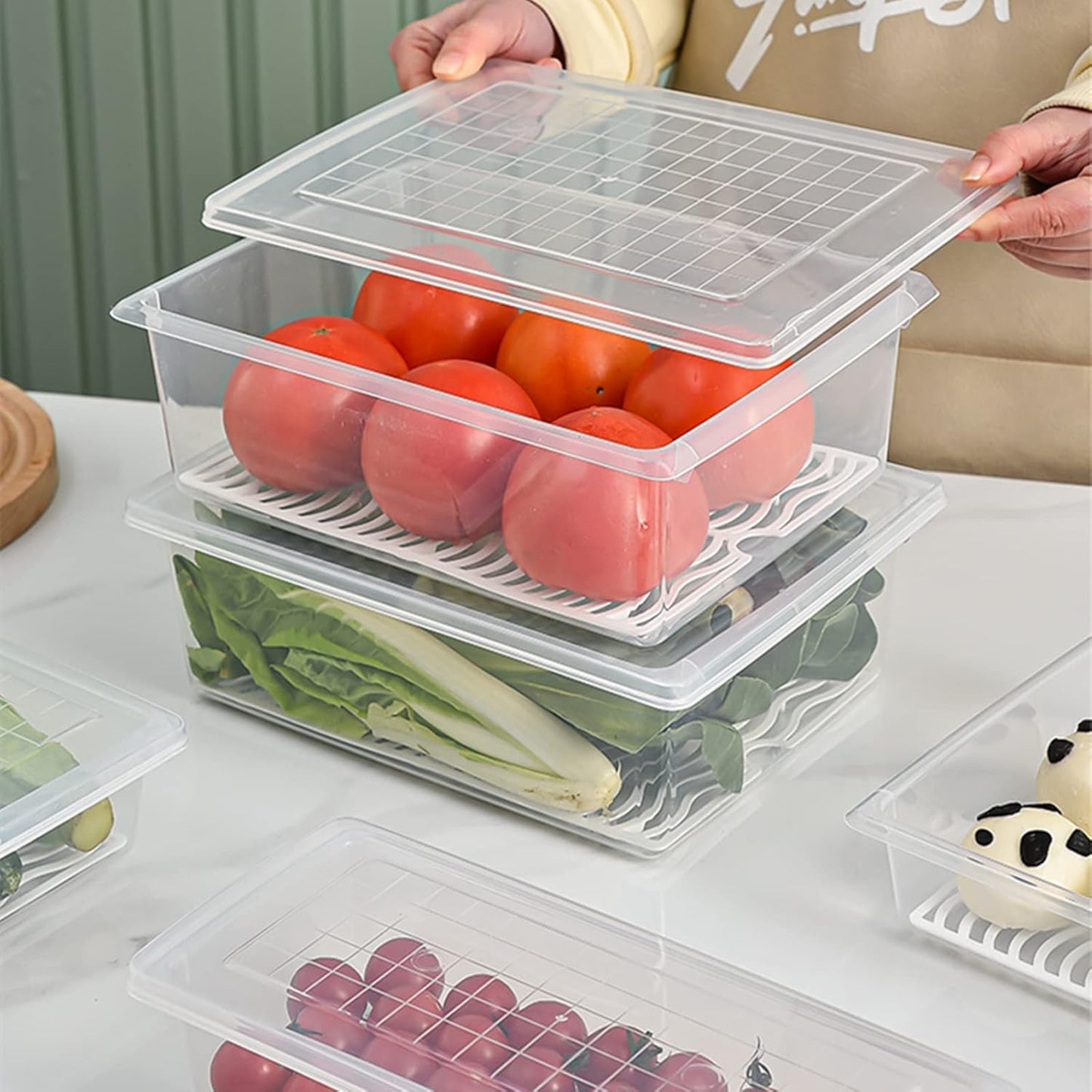 Food Storage Container, Plastic Food Containers with Removable Drain Plate and Lid, Stackable Portable Freezer Storage Containers - Tray to Keep Fruits, Vegetables, Meat (X-Large(4PCS))
